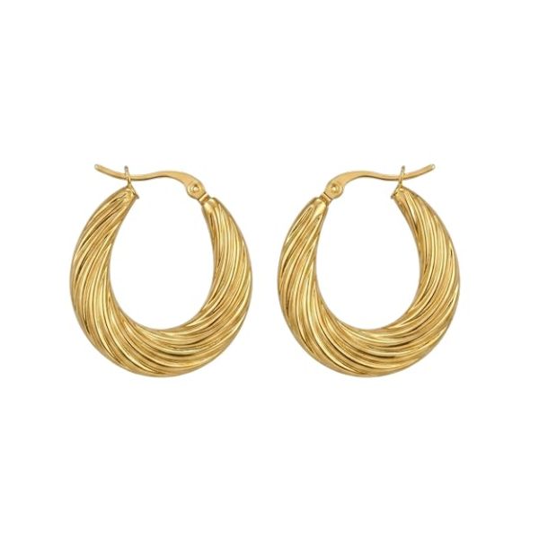 18K Gold Plated Multi-Ridge Textured Bali Hoop Earrings