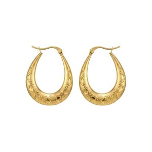 18K Gold Plated Engraved Diamond Pattern Bali Hoop Earrings